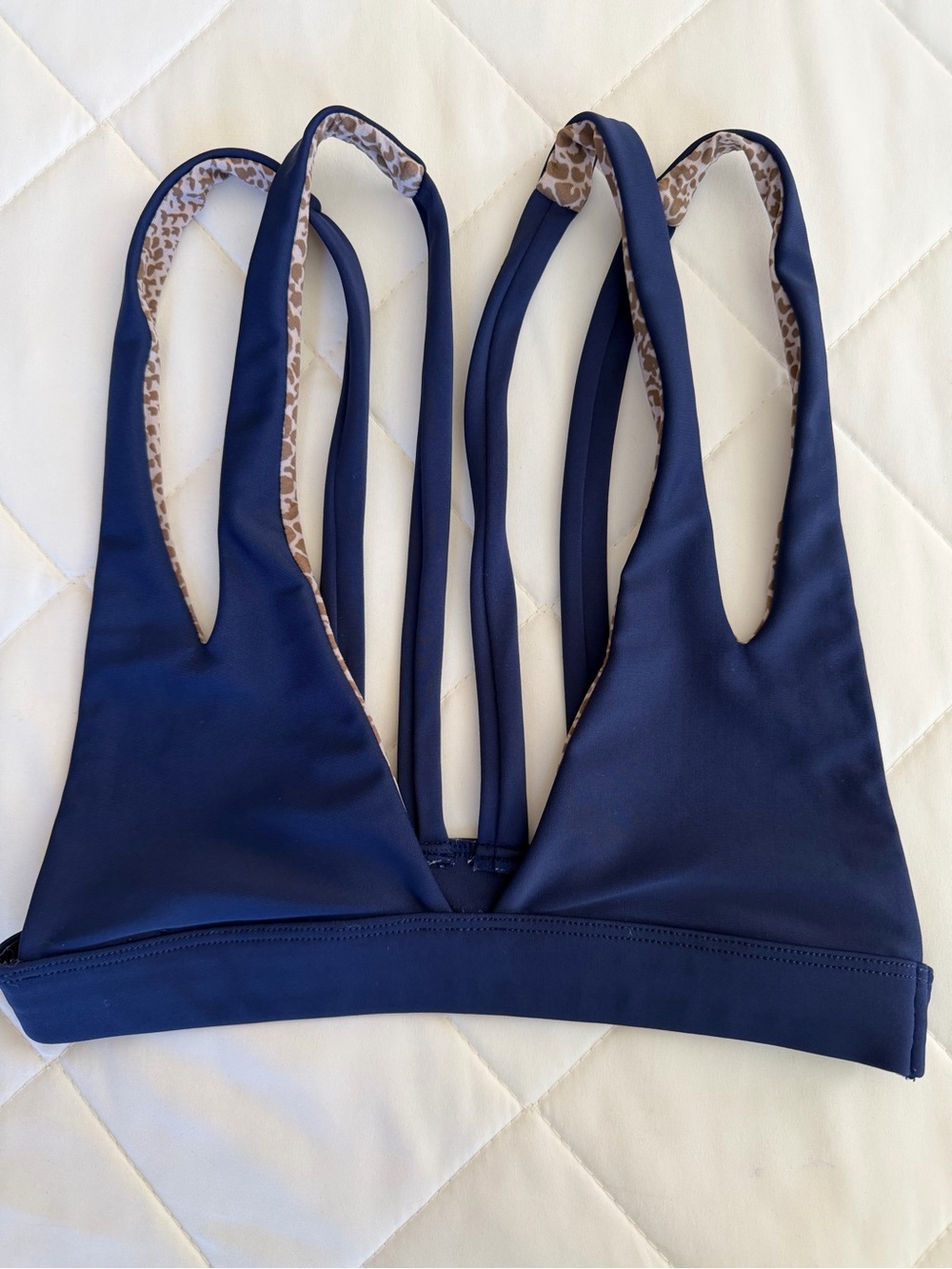 acacia swimwear Navy Blue Strappy Reversible Bikini Top with Leopard Lining